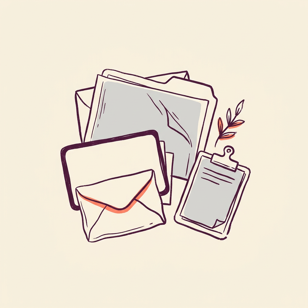 Line drawing of stacked folders, an envelope and a clipboard